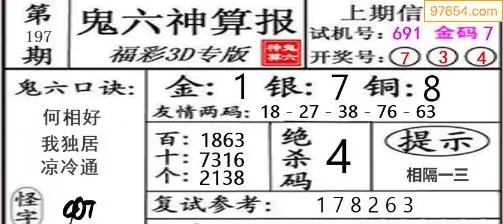 25197期: 福彩3D鬼六神算图