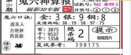 24207期: 福彩3D鬼六神算图