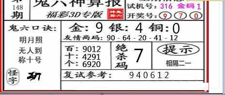 23148期: 福彩3D鬼六神算图