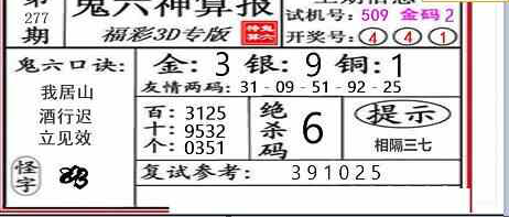 23277期: 福彩3D鬼六神算图