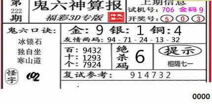 23222期: 福彩3D鬼六神算图