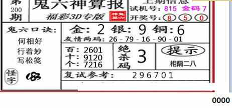 23200期: 福彩3D鬼六神算图