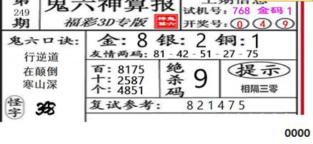 23249期: 福彩3D鬼六神算图