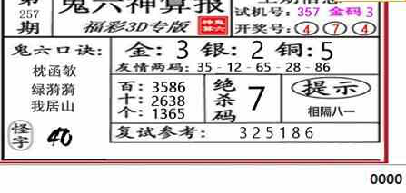 23257期: 福彩3D鬼六神算图