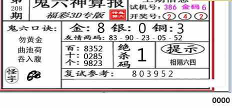 23208期: 福彩3D鬼六神算图