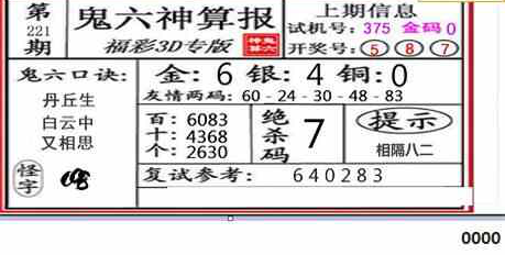 23221期: 福彩3D鬼六神算图
